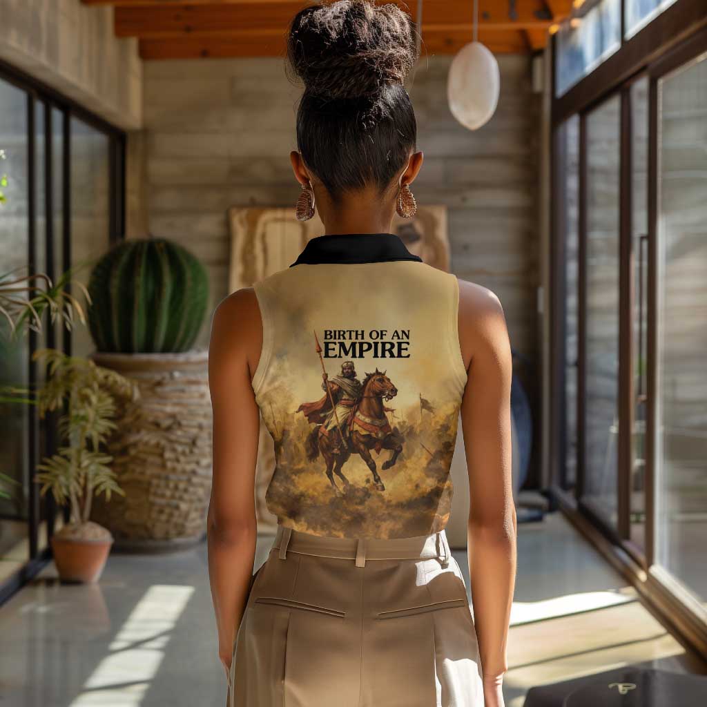 Sundiata Keita Women Sleeveless Polo Shirt with Kirina 1235 Battle Map, Horseback Warrior and Birth of an Empire Design - Wonder Print Shop