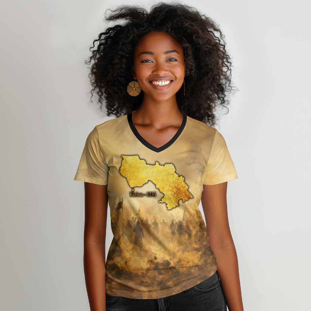 Sundiata Keita Women V-Neck T-Shirt with Kirina 1235 Battle Map, Horseback Warrior and Birth of an Empire Design - Wonder Print Shop