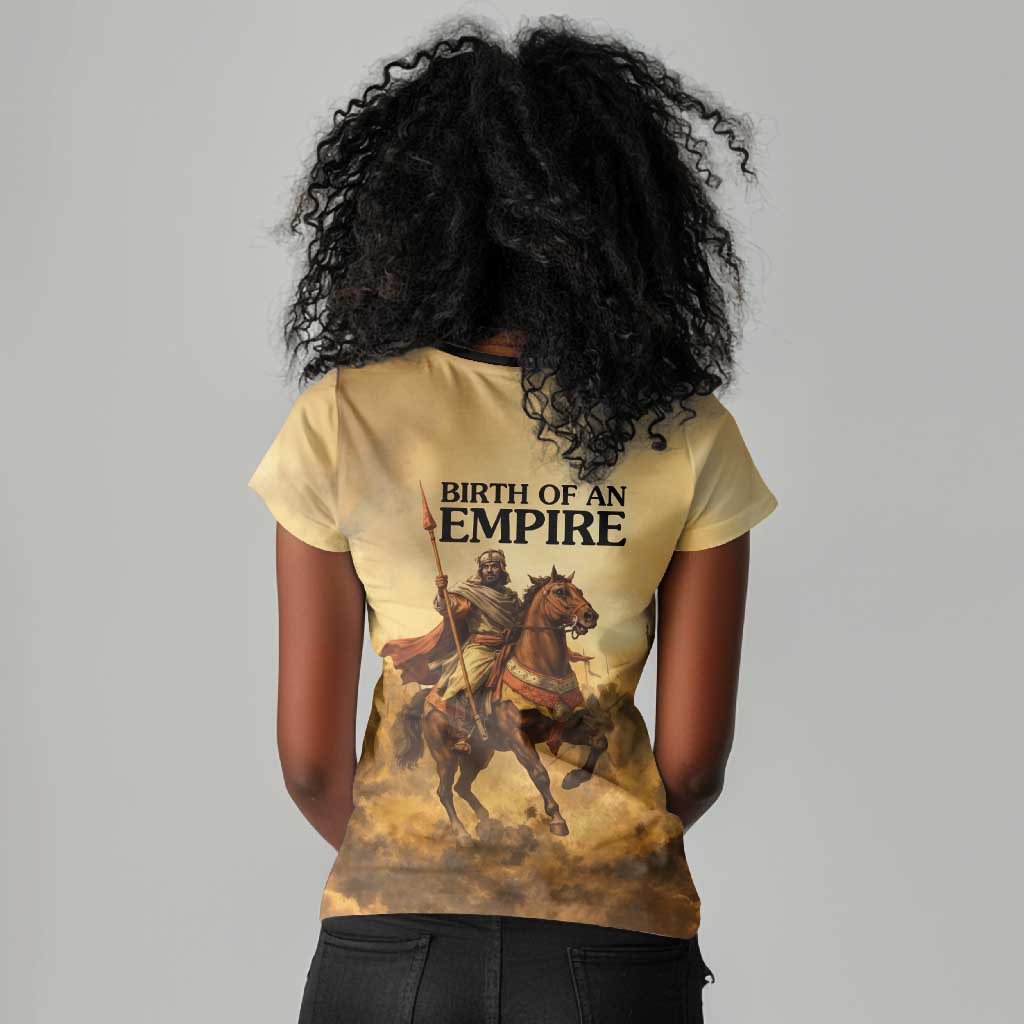 Sundiata Keita Women V-Neck T-Shirt with Kirina 1235 Battle Map, Horseback Warrior and Birth of an Empire Design - Wonder Print Shop