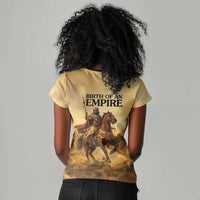 Sundiata Keita Women V-Neck T-Shirt with Kirina 1235 Battle Map, Horseback Warrior and Birth of an Empire Design - Wonder Print Shop