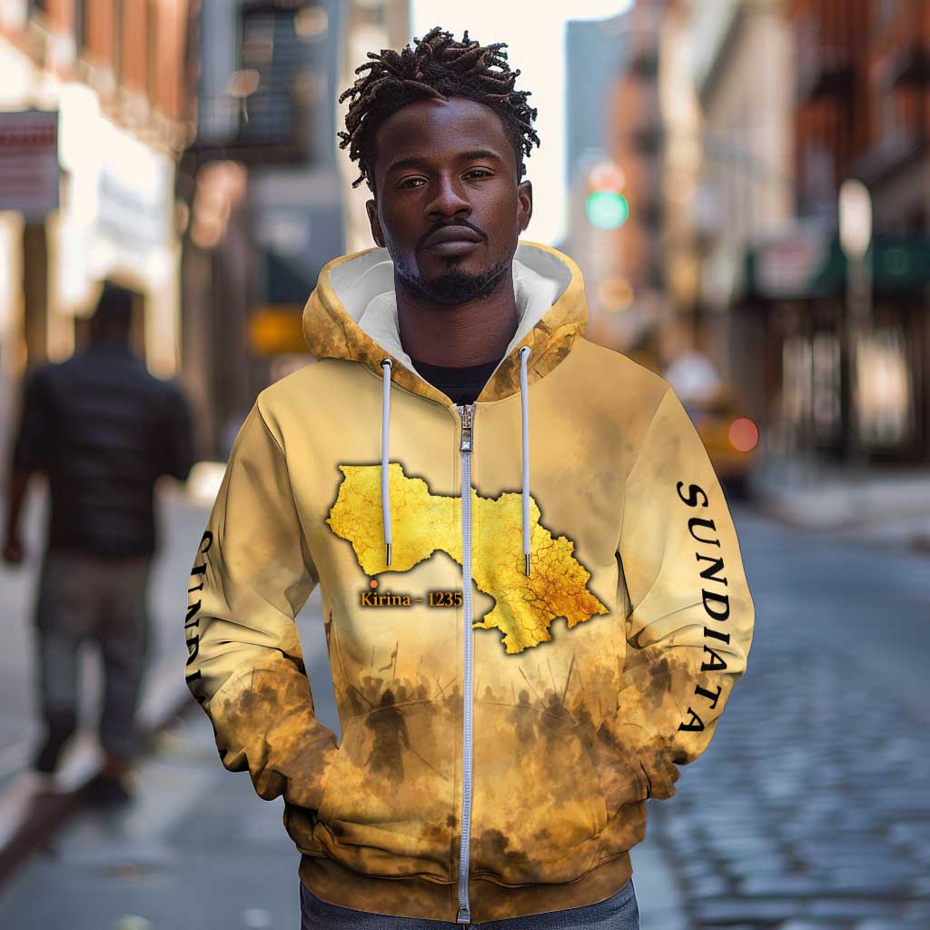 Sundiata Keita Zip Hoodie with Kirina 1235 Battle Map, Horseback Warrior and Birth of an Empire Design - Wonder Print Shop