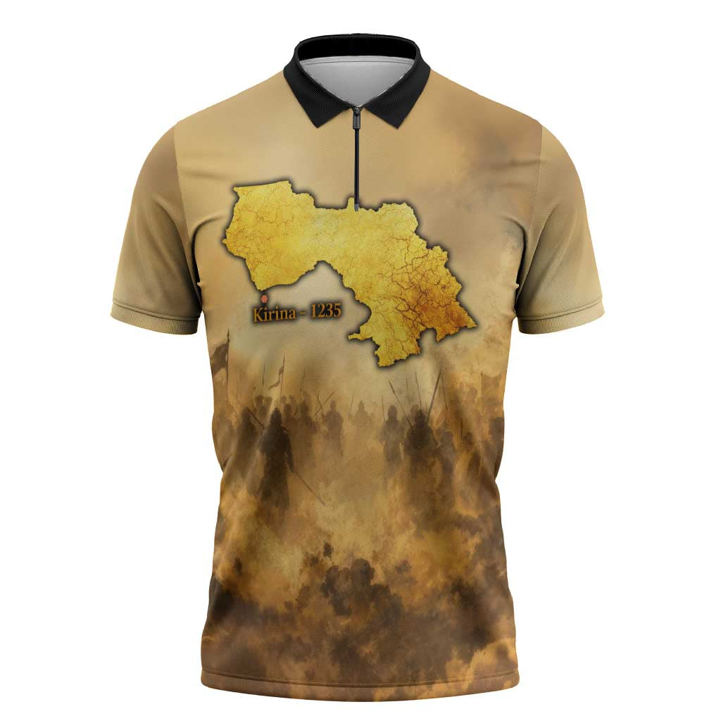 Sundiata Keita Zipper Polo Shirt with Kirina 1235 Battle Map, Horseback Warrior and Birth of an Empire Design - Wonder Print Shop