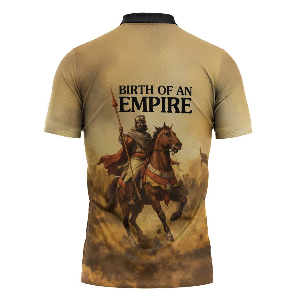 Sundiata Keita Zipper Polo Shirt with Kirina 1235 Battle Map, Horseback Warrior and Birth of an Empire Design - Wonder Print Shop