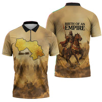 Sundiata Keita Zipper Polo Shirt with Kirina 1235 Battle Map, Horseback Warrior and Birth of an Empire Design - Wonder Print Shop