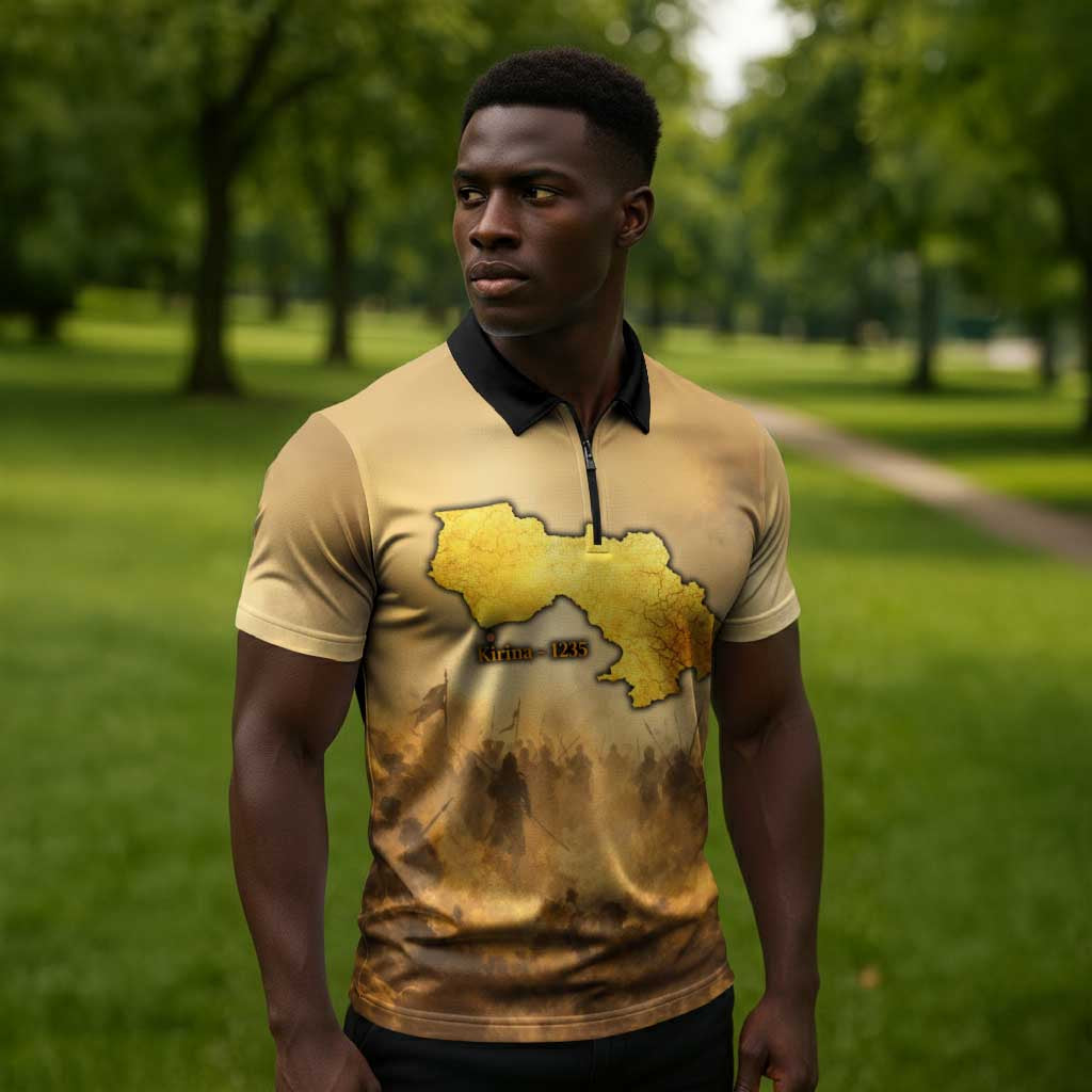 Sundiata Keita Zipper Polo Shirt with Kirina 1235 Battle Map, Horseback Warrior and Birth of an Empire Design - Wonder Print Shop