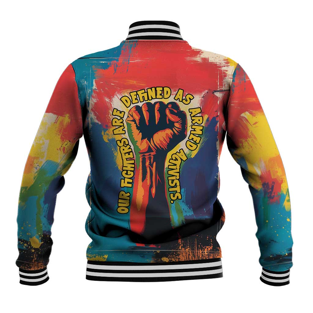Amilcar Cabral Baseball Jacket Armed Activist Quote Raised Fist African Liberation Tribute - Colorful Paint Stroke - Wonder Print Shop