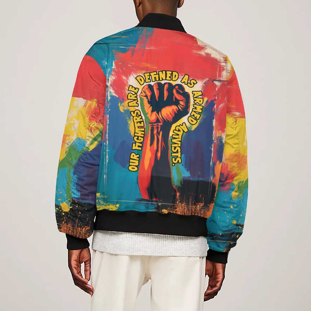 Amilcar Cabral Bomber Jacket Armed Activist Quote Raised Fist African Liberation Tribute - Colorful Paint Stroke - Wonder Print Shop