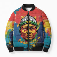 Amilcar Cabral Bomber Puffer Jacket Armed Activist Quote Raised Fist African Liberation Tribute - Colorful Paint Stroke - Wonder Print Shop