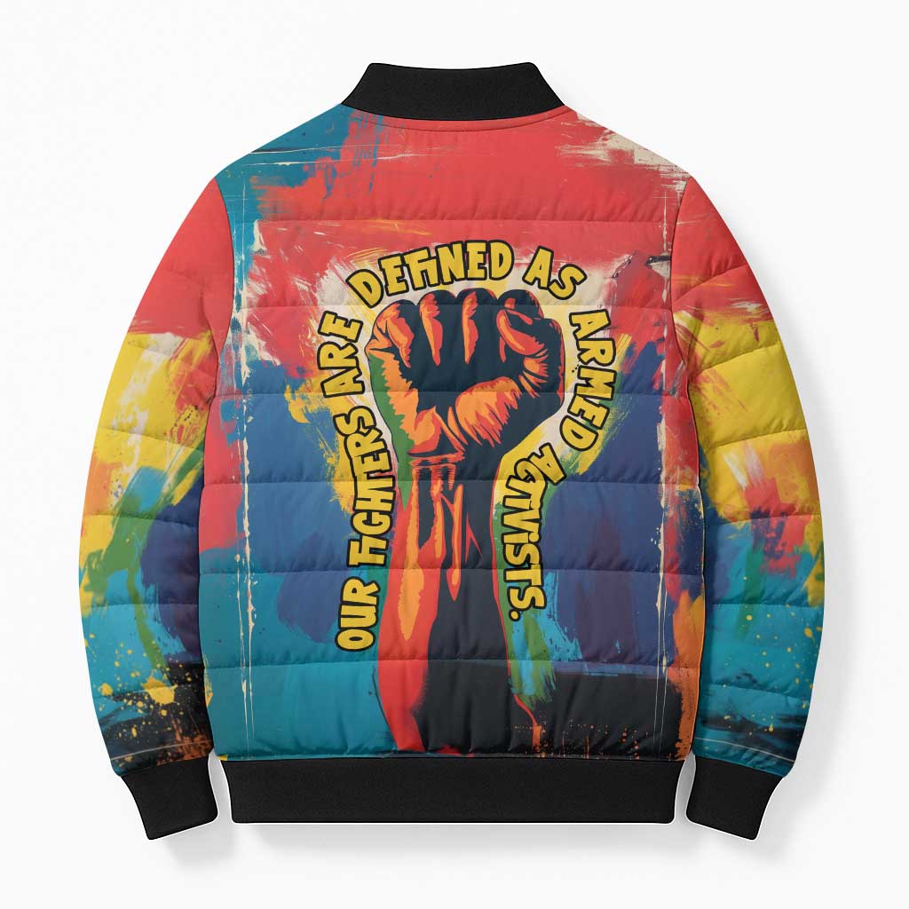 Amilcar Cabral Bomber Puffer Jacket Armed Activist Quote Raised Fist African Liberation Tribute - Colorful Paint Stroke - Wonder Print Shop