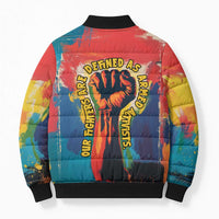 Amilcar Cabral Bomber Puffer Jacket Armed Activist Quote Raised Fist African Liberation Tribute - Colorful Paint Stroke - Wonder Print Shop