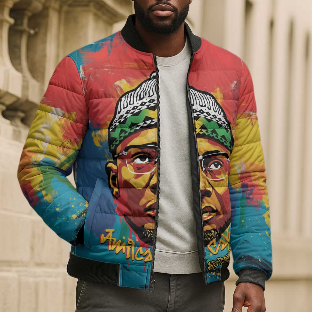 Amilcar Cabral Bomber Puffer Jacket Armed Activist Quote Raised Fist African Liberation Tribute - Colorful Paint Stroke - Wonder Print Shop