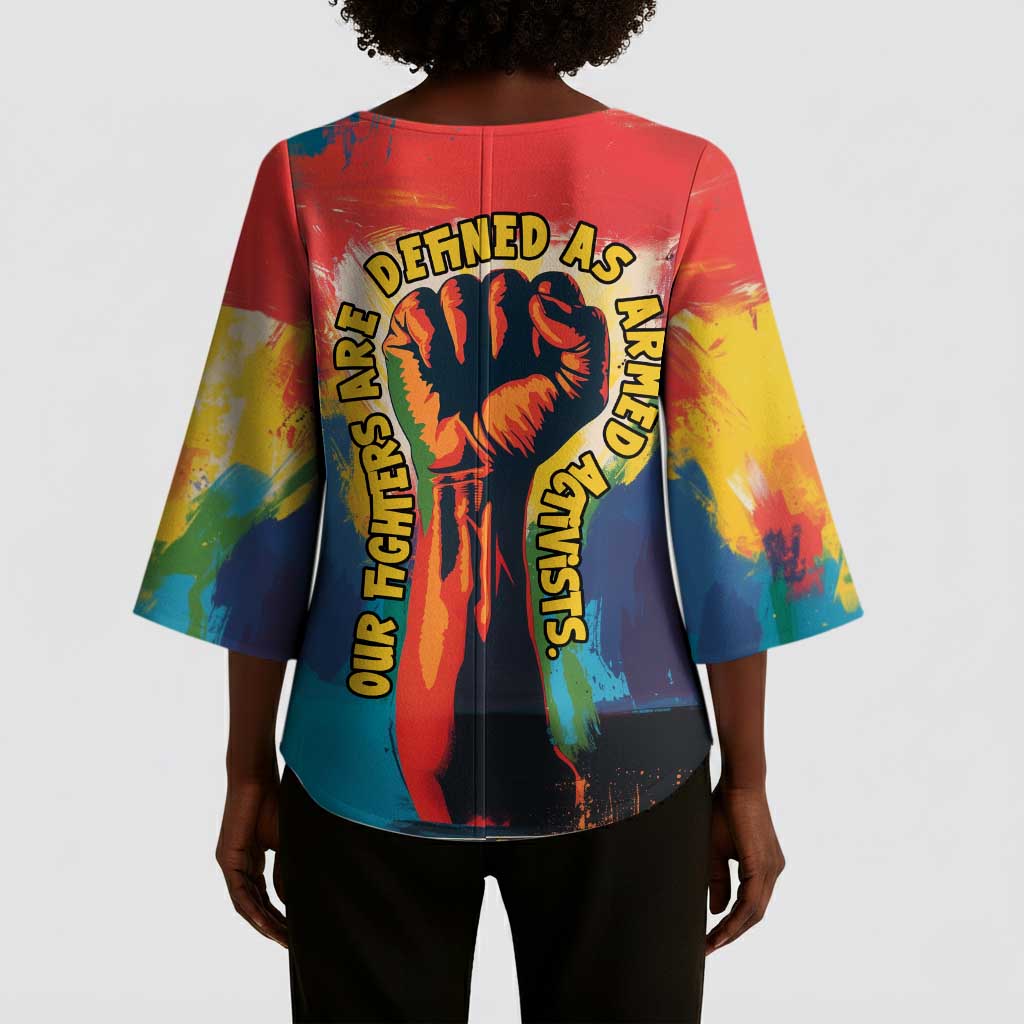 Amilcar Cabral Kimono Sleeve Blouse Armed Activist Quote Raised Fist African Liberation Tribute - Colorful Paint Stroke - Wonder Print Shop