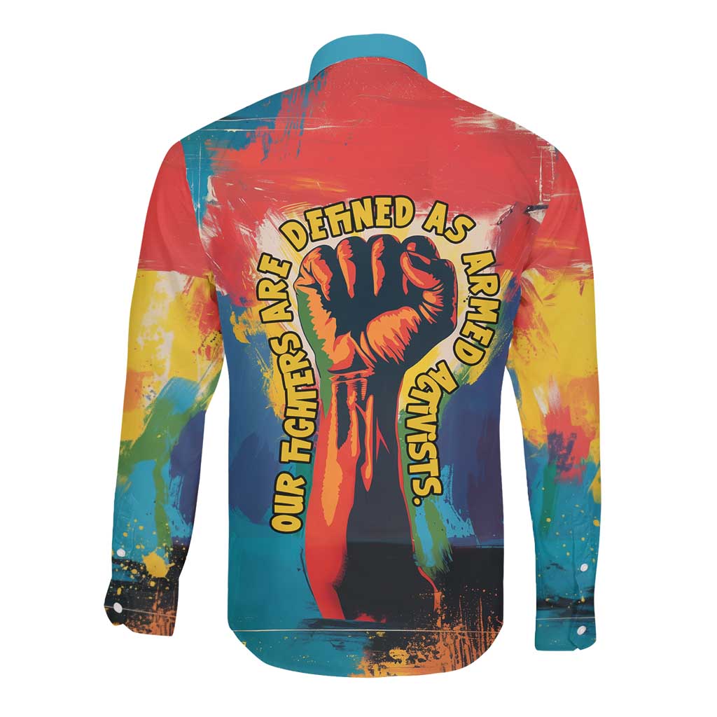 Amilcar Cabral Long Sleeve Button Shirt Armed Activist Quote Raised Fist African Liberation Tribute - Colorful Paint Stroke - Wonder Print Shop