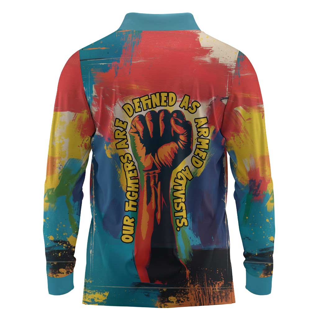 Amilcar Cabral Long Sleeve Polo Shirt Armed Activist Quote Raised Fist African Liberation Tribute - Colorful Paint Stroke - Wonder Print Shop