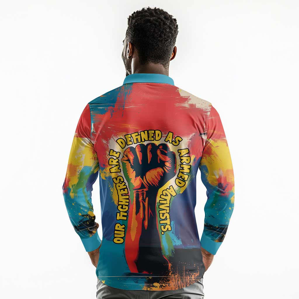Amilcar Cabral Long Sleeve Polo Shirt Armed Activist Quote Raised Fist African Liberation Tribute - Colorful Paint Stroke - Wonder Print Shop