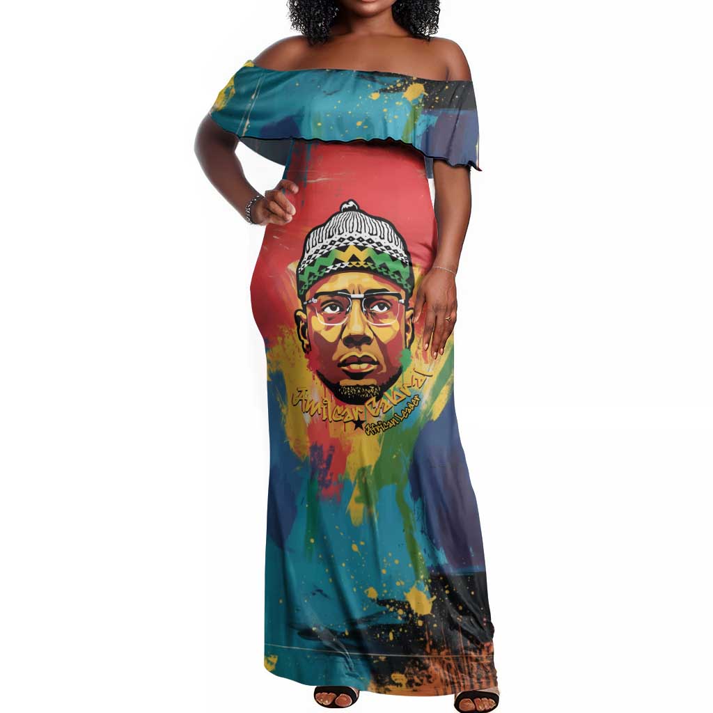 Amilcar Cabral Off Shoulder Maxi Dress Armed Activist Quote Raised Fist African Liberation Tribute - Colorful Paint Stroke - Wonder Print Shop