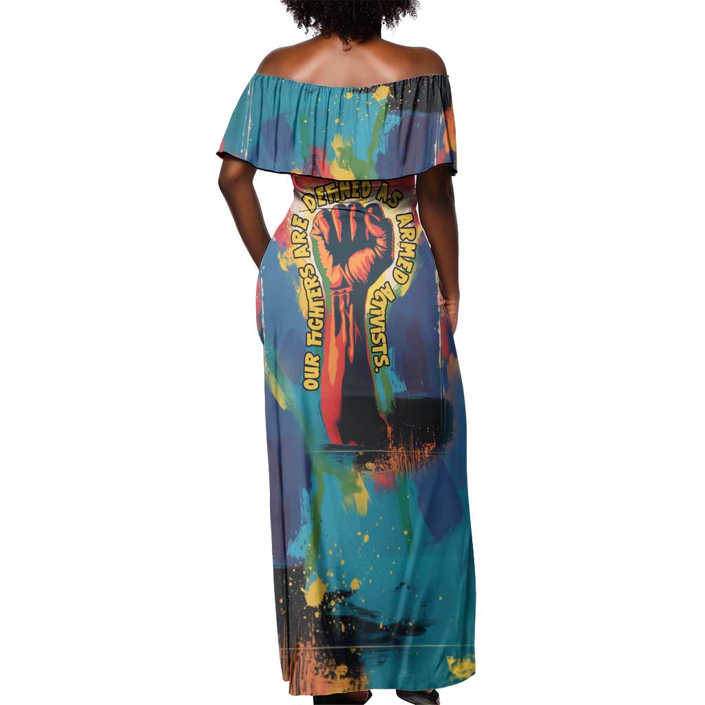 Amilcar Cabral Off Shoulder Maxi Dress Armed Activist Quote Raised Fist African Liberation Tribute - Colorful Paint Stroke - Wonder Print Shop