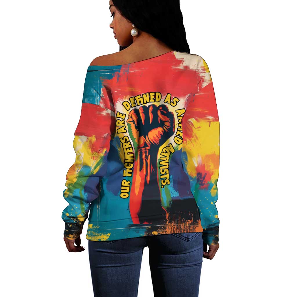 Amilcar Cabral Off Shoulder Sweater Armed Activist Quote Raised Fist African Liberation Tribute - Colorful Paint Stroke - Wonder Print Shop