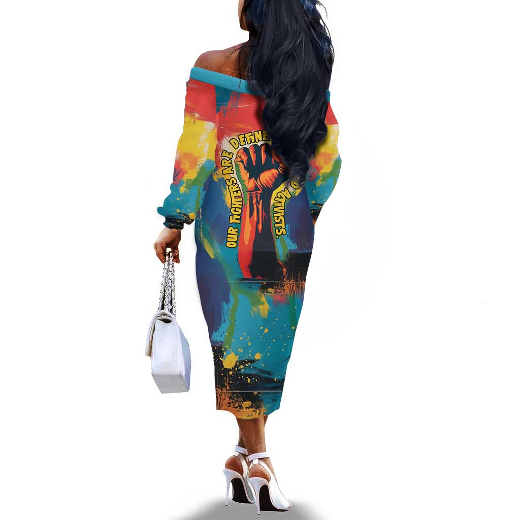 Amilcar Cabral Off The Shoulder Long Sleeve Dress Armed Activist Quote Raised Fist African Liberation Tribute - Colorful Paint Stroke - Wonder Print Shop