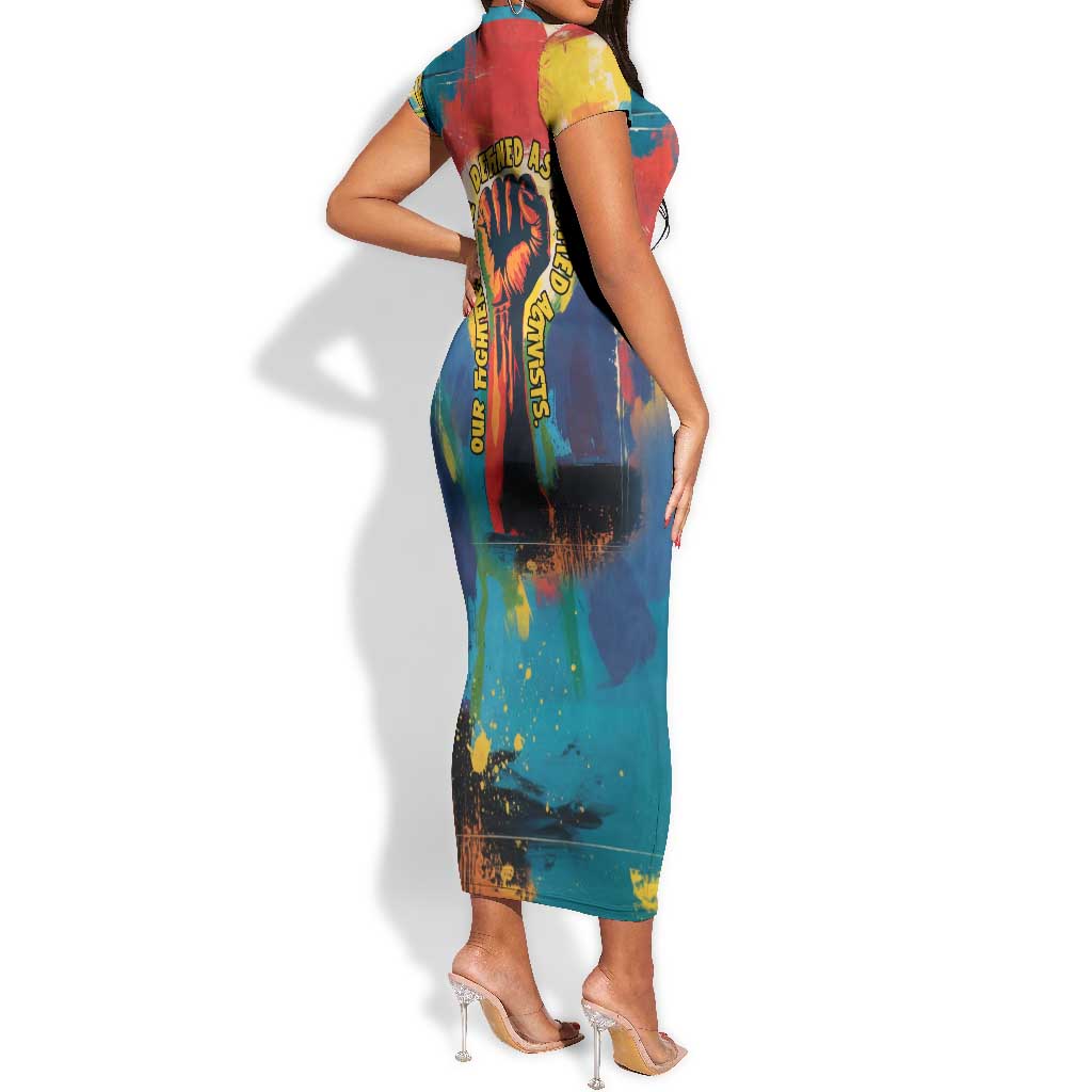 Amilcar Cabral Short Sleeve Bodycon Dress Armed Activist Quote Raised Fist African Liberation Tribute - Colorful Paint Stroke - Wonder Print Shop
