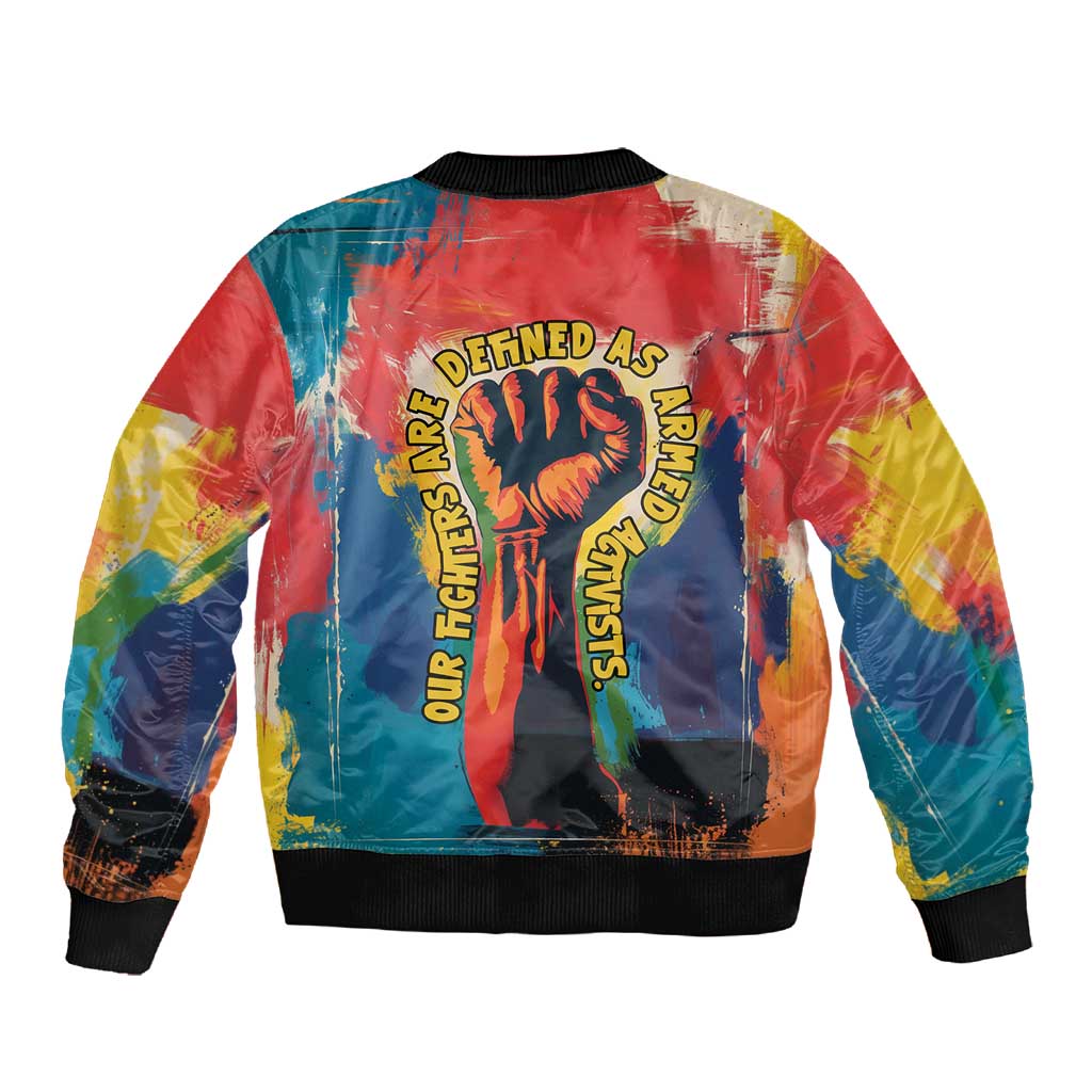 Amilcar Cabral Sleeve Zip Bomber Jacket Armed Activist Quote Raised Fist African Liberation Tribute - Colorful Paint Stroke - Wonder Print Shop