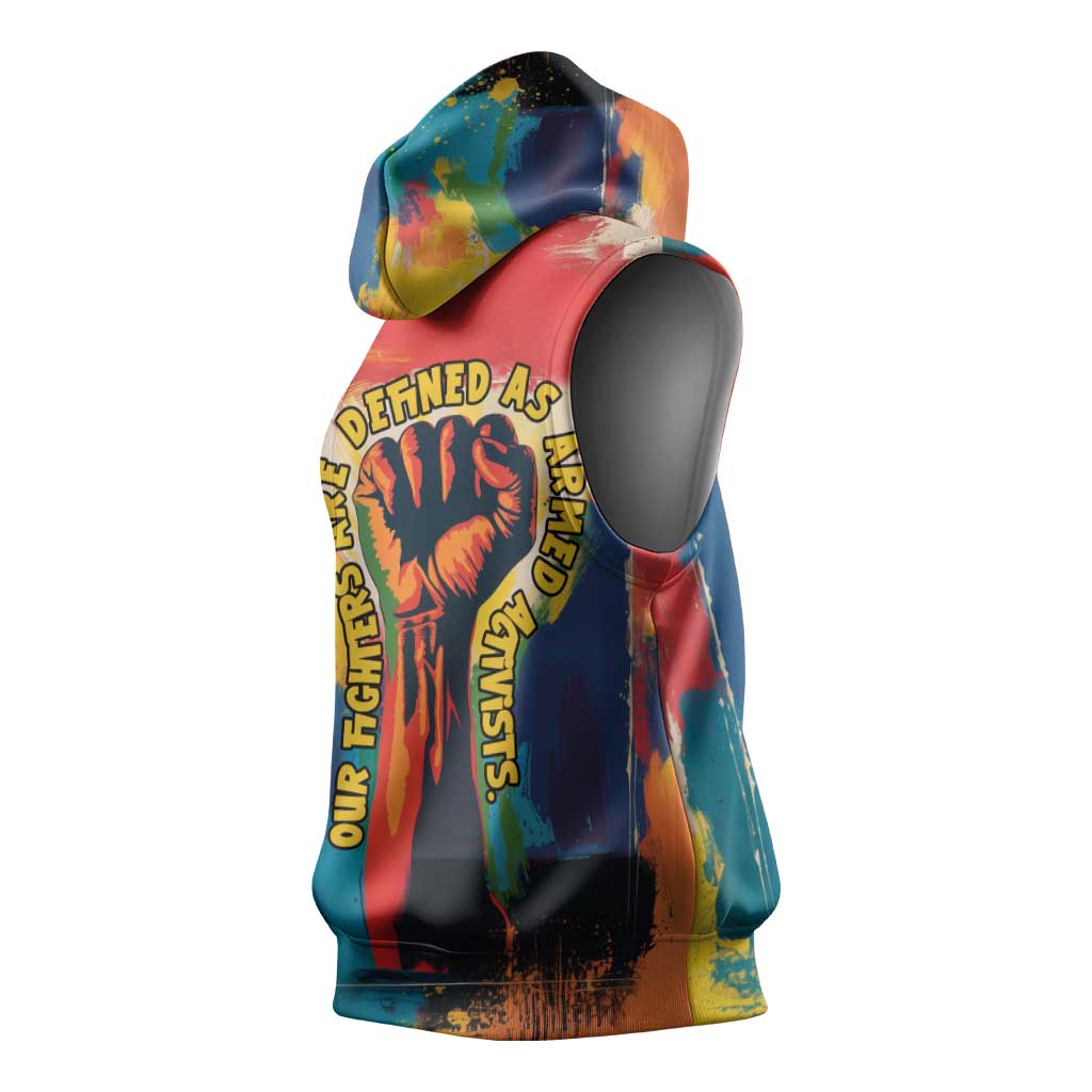 Amilcar Cabral Sleeveless Hoodie Armed Activist Quote Raised Fist African Liberation Tribute - Colorful Paint Stroke - Wonder Print Shop
