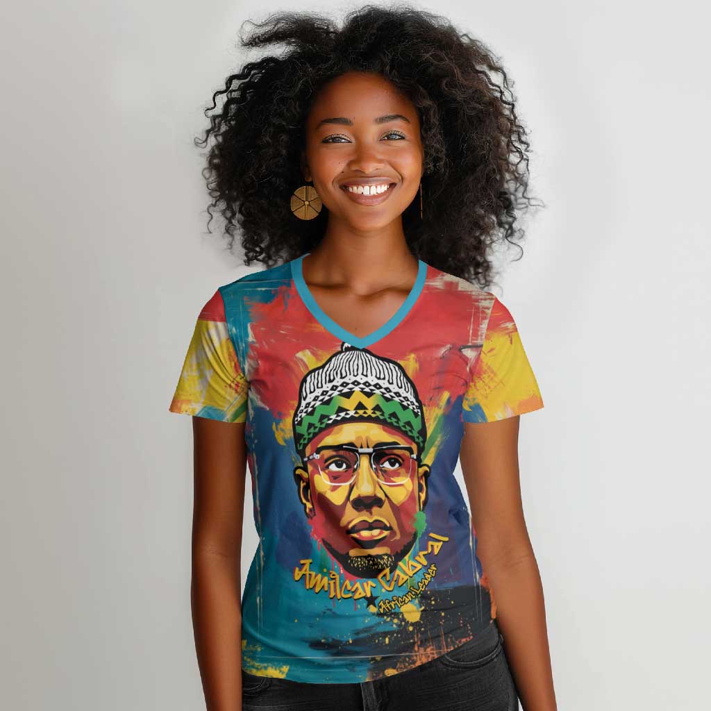 Amilcar Cabral Women V-Neck T-Shirt Armed Activist Quote Raised Fist African Liberation Tribute - Colorful Paint Stroke - Wonder Print Shop