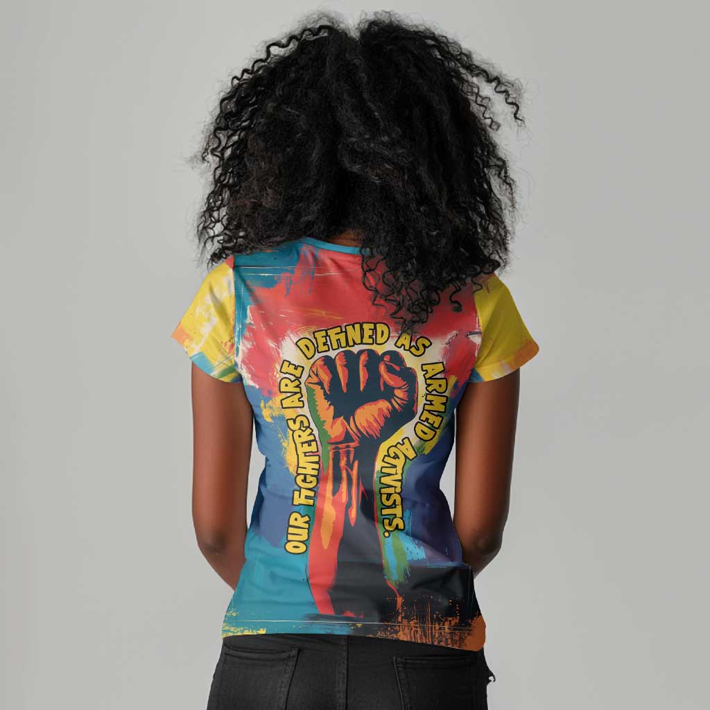 Amilcar Cabral Women V-Neck T-Shirt Armed Activist Quote Raised Fist African Liberation Tribute - Colorful Paint Stroke - Wonder Print Shop