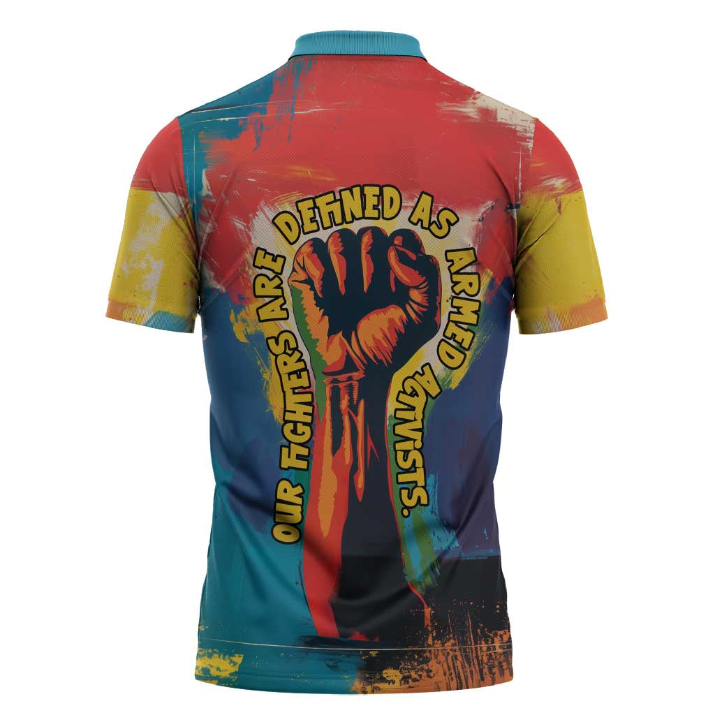 Amilcar Cabral Zipper Polo Shirt Armed Activist Quote Raised Fist African Liberation Tribute - Colorful Paint Stroke - Wonder Print Shop
