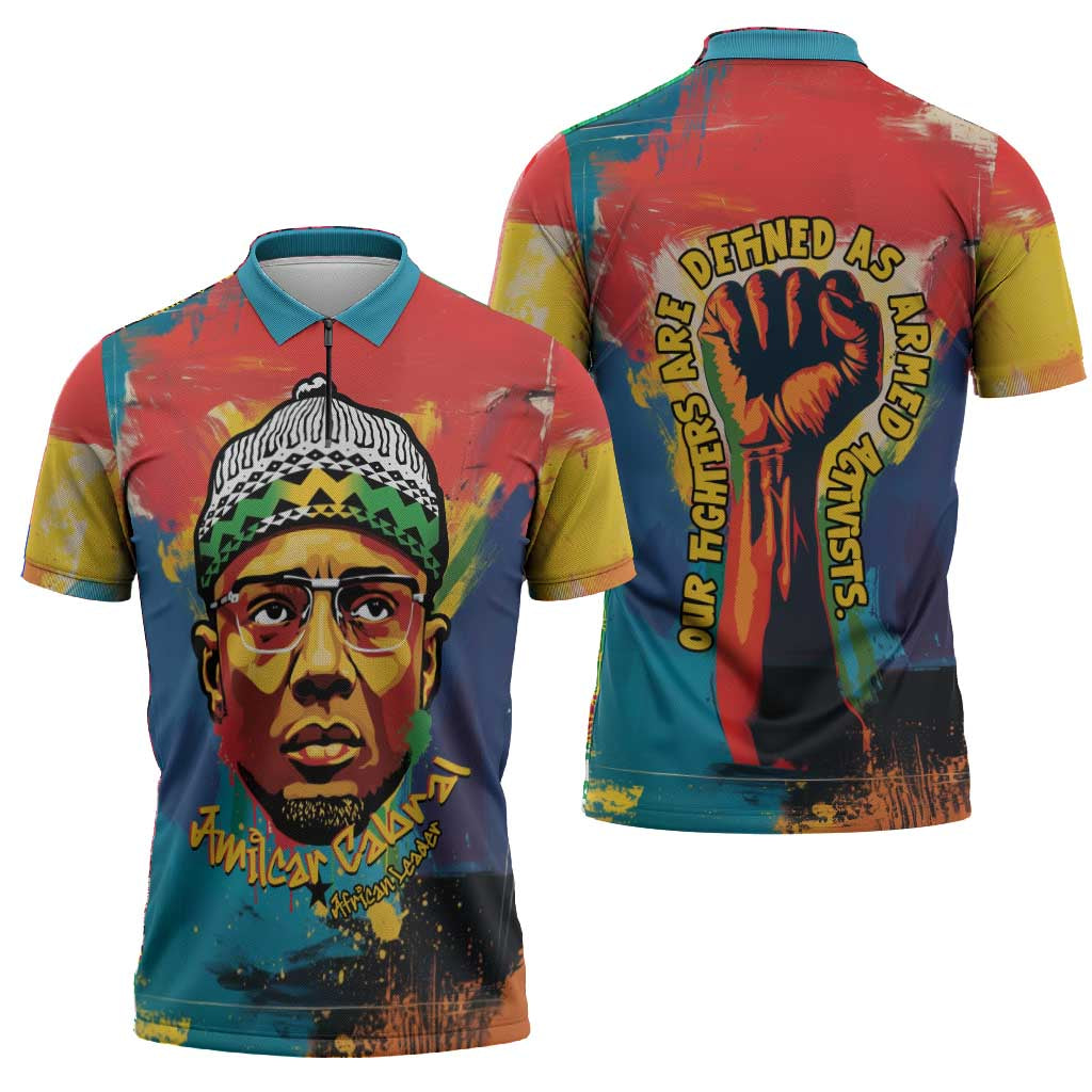 Amilcar Cabral Zipper Polo Shirt Armed Activist Quote Raised Fist African Liberation Tribute - Colorful Paint Stroke - Wonder Print Shop