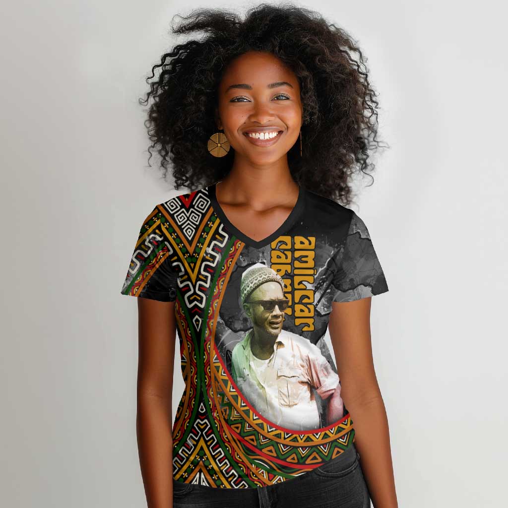 Amilcar Cabral Women V-Neck T-Shirt African Map with Chains Freedom Theme Revolutionary Liberation Tribute - Wonder Print Shop