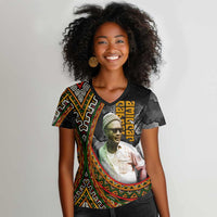 Amilcar Cabral Women V-Neck T-Shirt African Map with Chains Freedom Theme Revolutionary Liberation Tribute - Wonder Print Shop