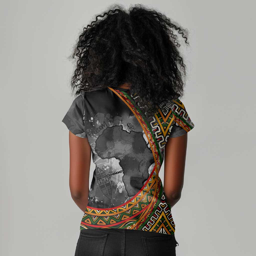 Amilcar Cabral Women V-Neck T-Shirt African Map with Chains Freedom Theme Revolutionary Liberation Tribute - Wonder Print Shop