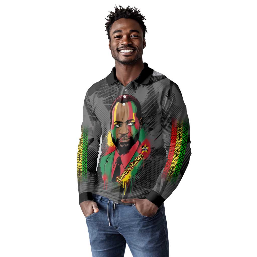 Samora Machel Long Sleeve Polo Shirt Mozambique Liberation Graffiti Style Viva FRELIMO African Revolutionary - Wonder Print Shop