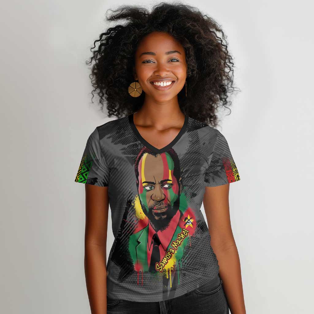 Samora Machel Women V-Neck T-Shirt Mozambique Liberation Graffiti Style Viva FRELIMO African Revolutionary - Wonder Print Shop