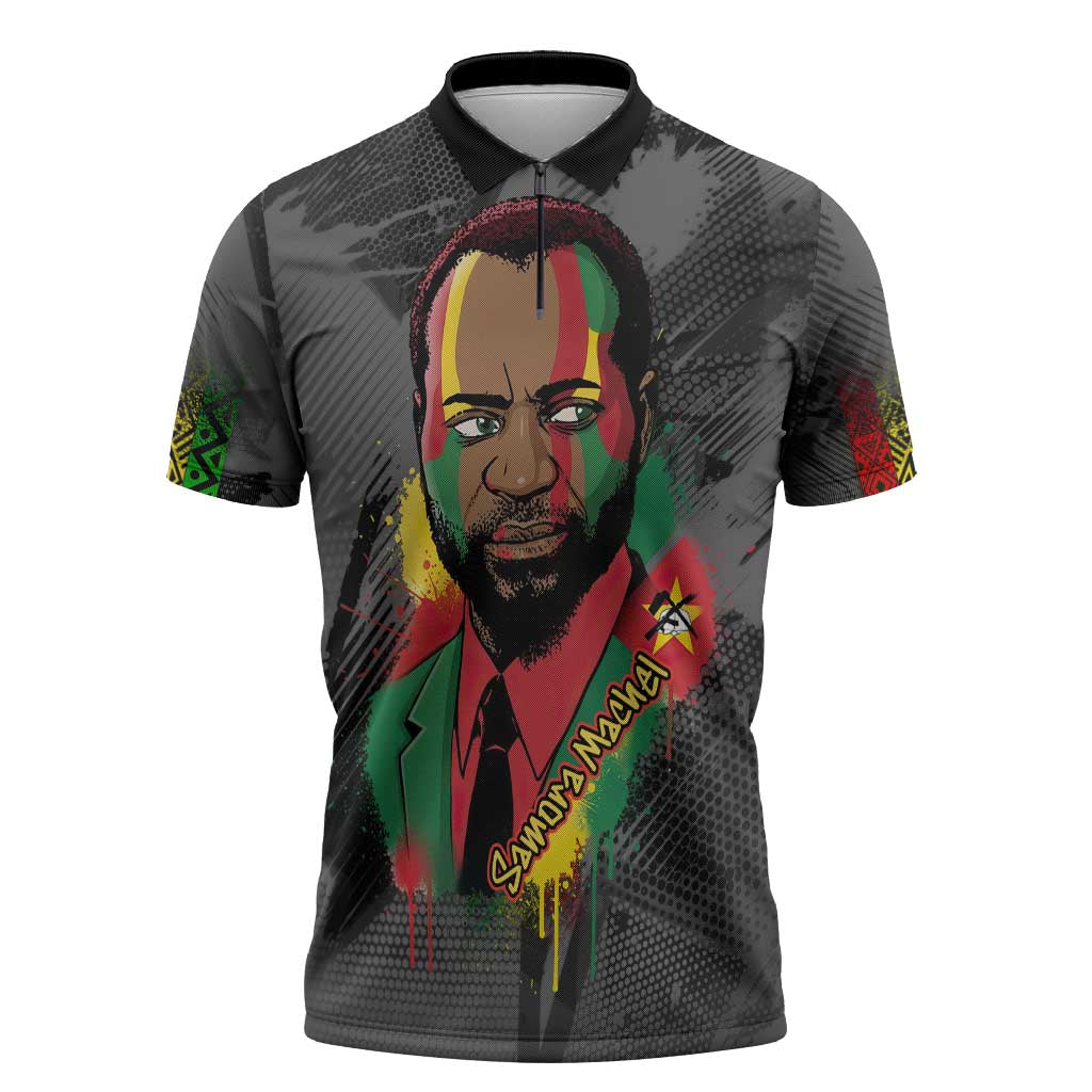 Samora Machel Zipper Polo Shirt Mozambique Liberation Graffiti Style Viva FRELIMO African Revolutionary - Wonder Print Shop