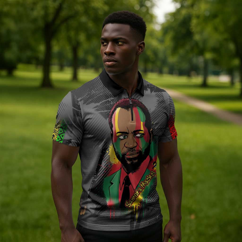 Samora Machel Zipper Polo Shirt Mozambique Liberation Graffiti Style Viva FRELIMO African Revolutionary - Wonder Print Shop