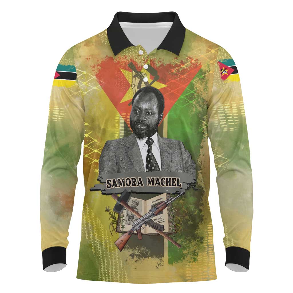 Samora Machel Long Sleeve Polo Shirt Mozambique Flag Unity and Victory Quote Liberation Struggle - African Freedom Tribute - Wonder Print Shop