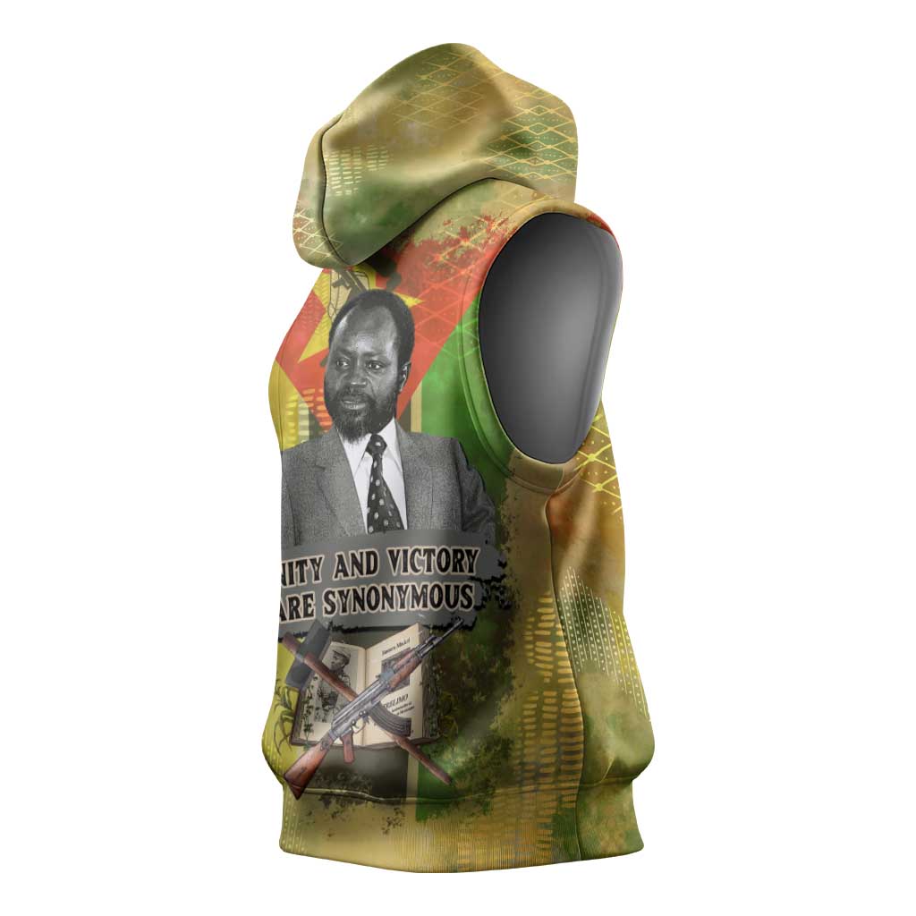 Samora Machel Sleeveless Hoodie Mozambique Flag Unity and Victory Quote Liberation Struggle - African Freedom Tribute - Wonder Print Shop