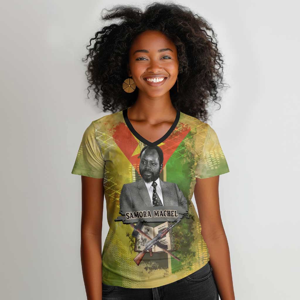 Samora Machel Women V-Neck T-Shirt Mozambique Flag Unity and Victory Quote Liberation Struggle - African Freedom Tribute - Wonder Print Shop
