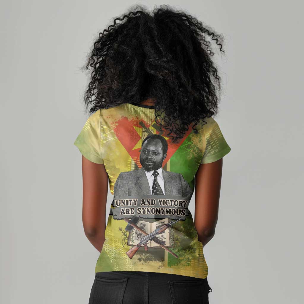 Samora Machel Women V-Neck T-Shirt Mozambique Flag Unity and Victory Quote Liberation Struggle - African Freedom Tribute - Wonder Print Shop