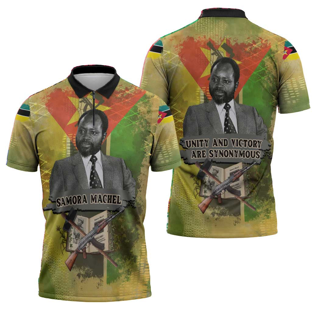 Samora Machel Zipper Polo Shirt Mozambique Flag Unity and Victory Quote Liberation Struggle - African Freedom Tribute - Wonder Print Shop