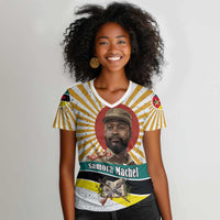 Samora Machel Women V-Neck T-Shirt Radiant Sunburst Bold Anti-Colonial Quote Mozambique Liberation - African Revolutionary Art - Wonder Print Shop
