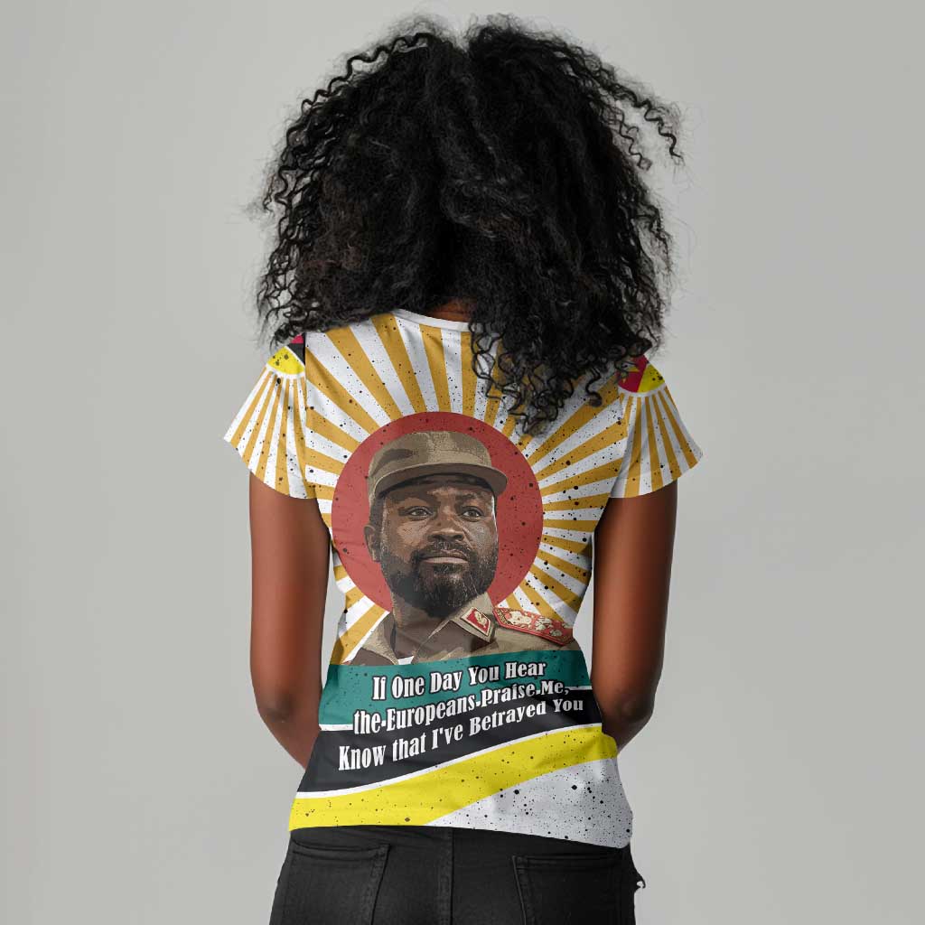 Samora Machel Women V-Neck T-Shirt Radiant Sunburst Bold Anti-Colonial Quote Mozambique Liberation - African Revolutionary Art - Wonder Print Shop