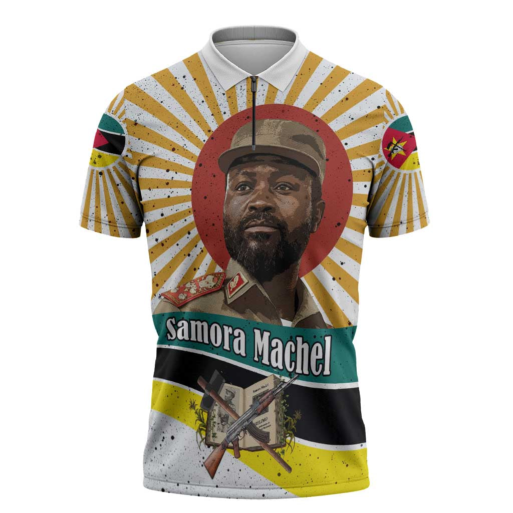 Samora Machel Zipper Polo Shirt Radiant Sunburst Bold Anti-Colonial Quote Mozambique Liberation - African Revolutionary Art - Wonder Print Shop