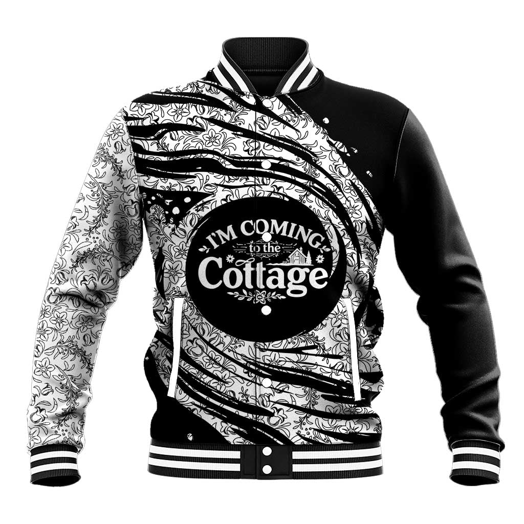 I'm Coming to the Cottage Baseball Jacket with Hand-Drawn Floral Pattern