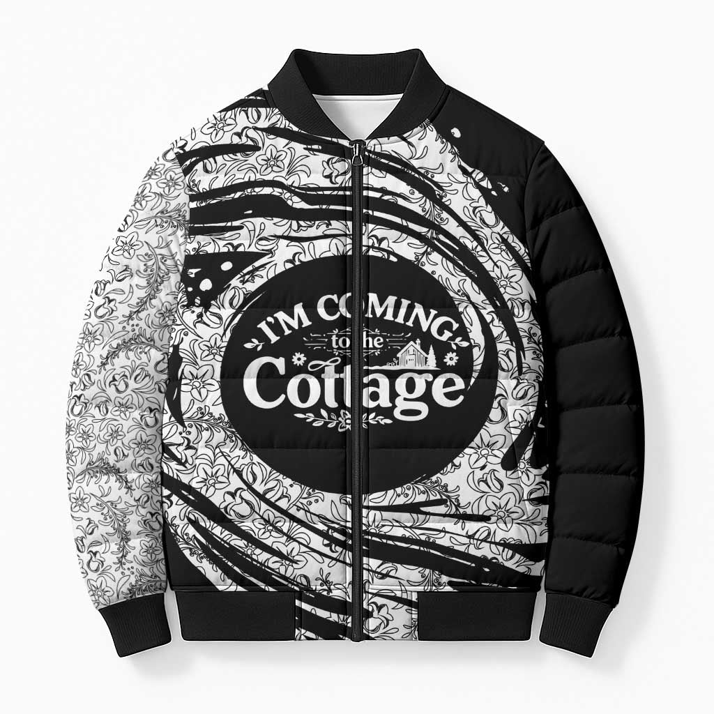 I'm Coming to the Cottage Bomber Puffer Jacket with Hand-Drawn Floral Pattern