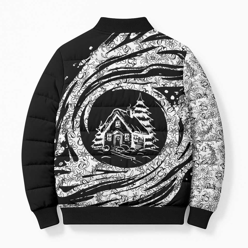 I'm Coming to the Cottage Bomber Puffer Jacket with Hand-Drawn Floral Pattern