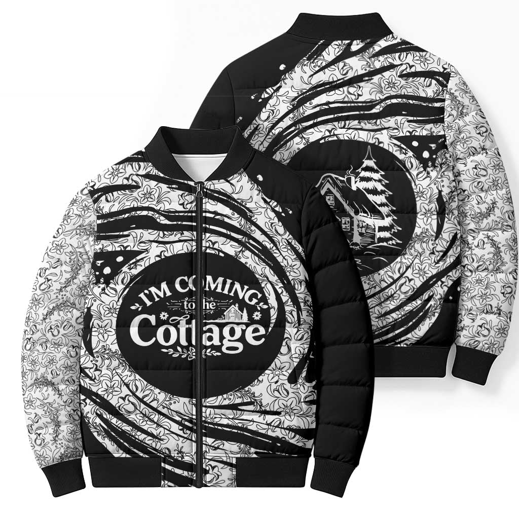 I'm Coming to the Cottage Bomber Puffer Jacket with Hand-Drawn Floral Pattern