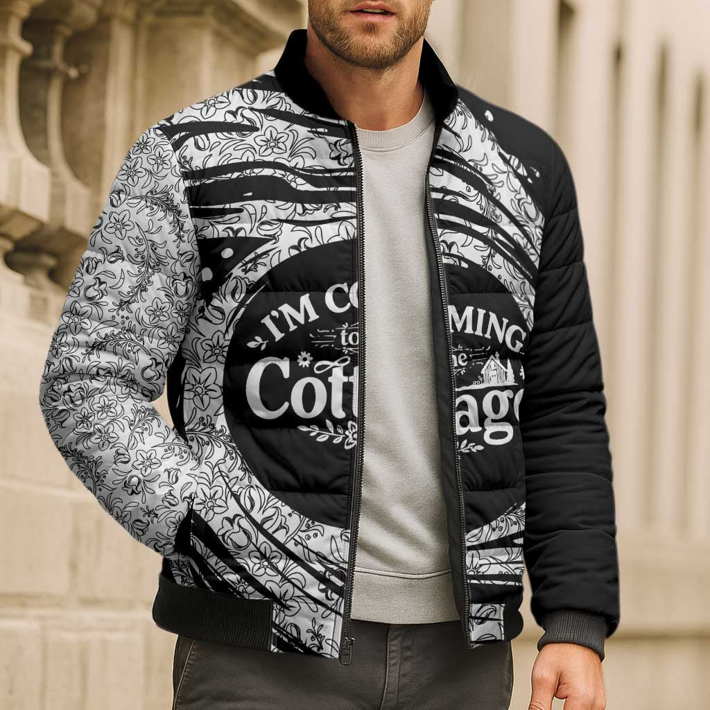 I'm Coming to the Cottage Bomber Puffer Jacket with Hand-Drawn Floral Pattern